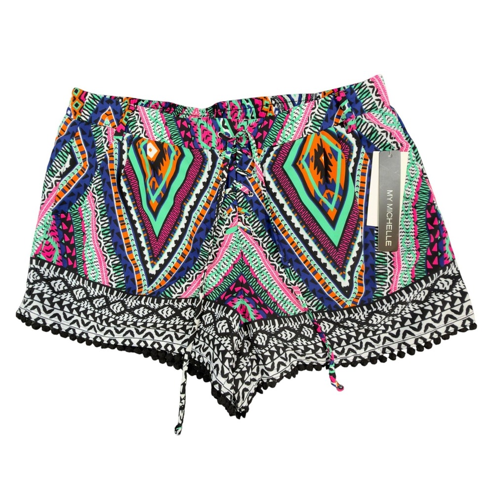 My Michelle Tribal Shorts NWT Womens L Multicolor Lace Up Pom Pom Hem